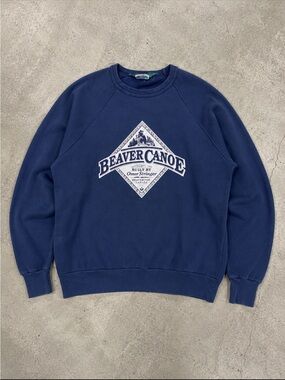 Vintage Beaver Canoe Canada Navy Crewneck Sweatshirt Woman Small 90s Y2K FLAW